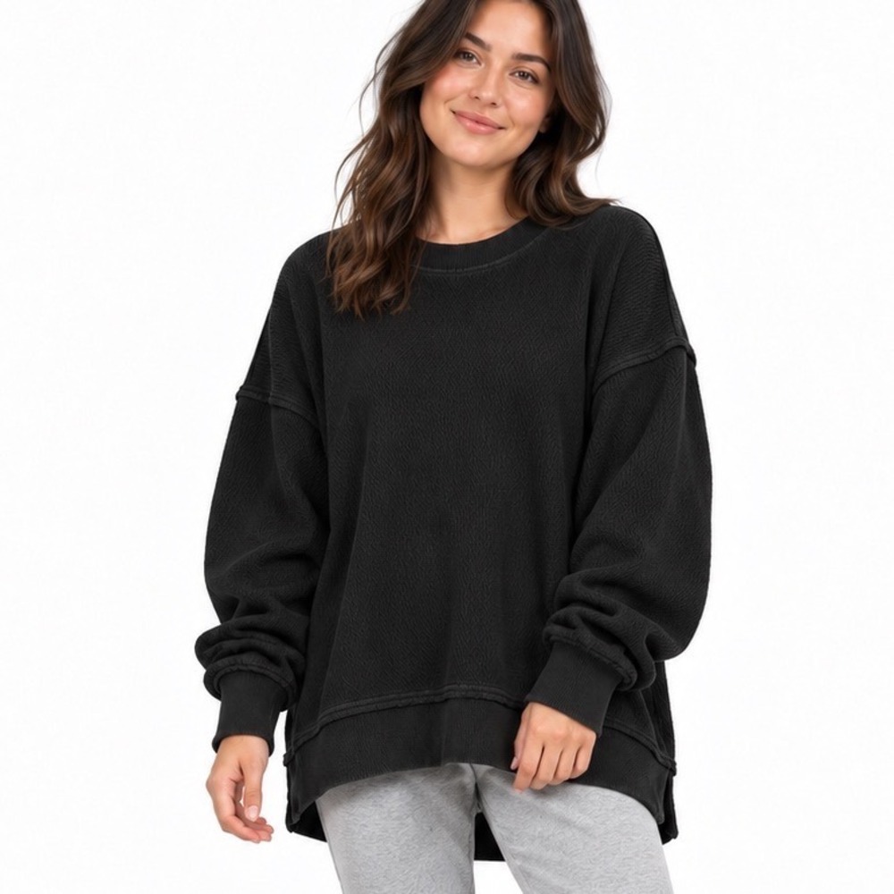 Aerie Black Waffle Knit Oversized Sweatshirt Crewneck Pullover Drop Shoulder M